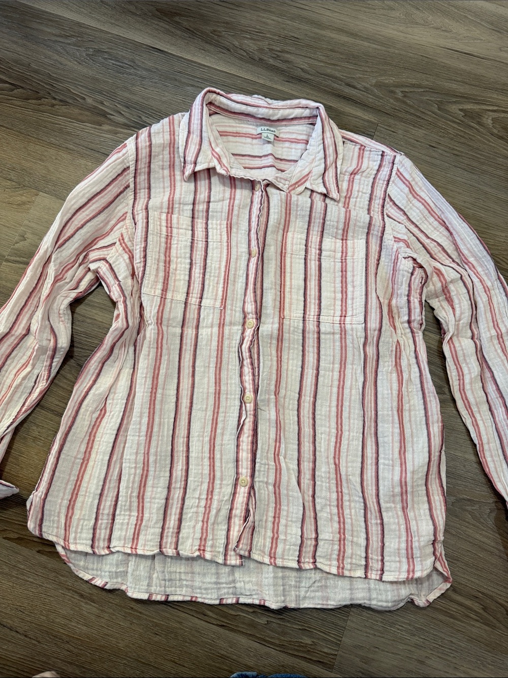 L.L. Bean Pink and White Striped Cotton Gauze Button-Down Shirt